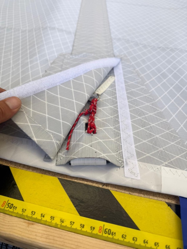 Close-up of a reinforced batten pocket and sail construction
